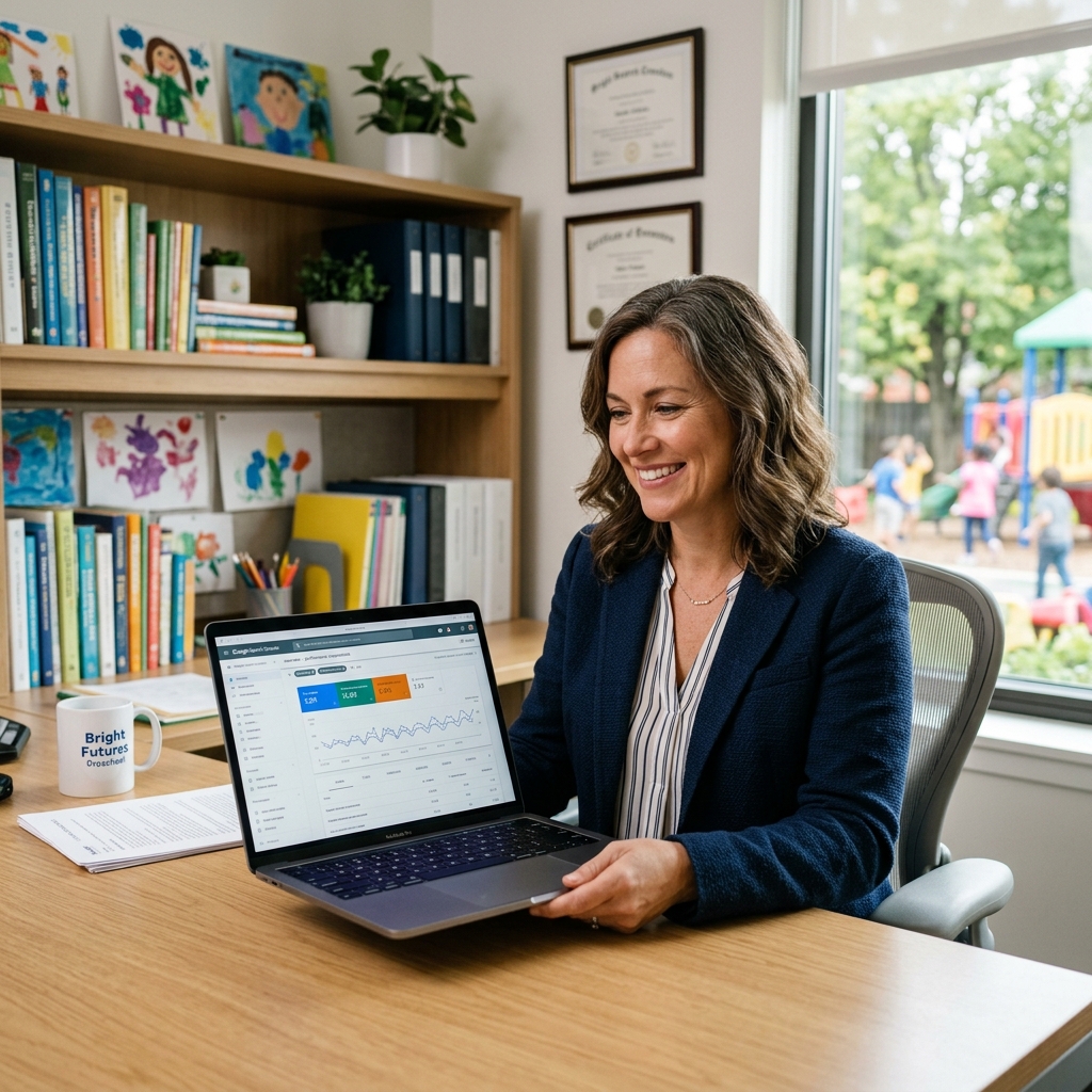 Childcare director reviewing SEO dashboard